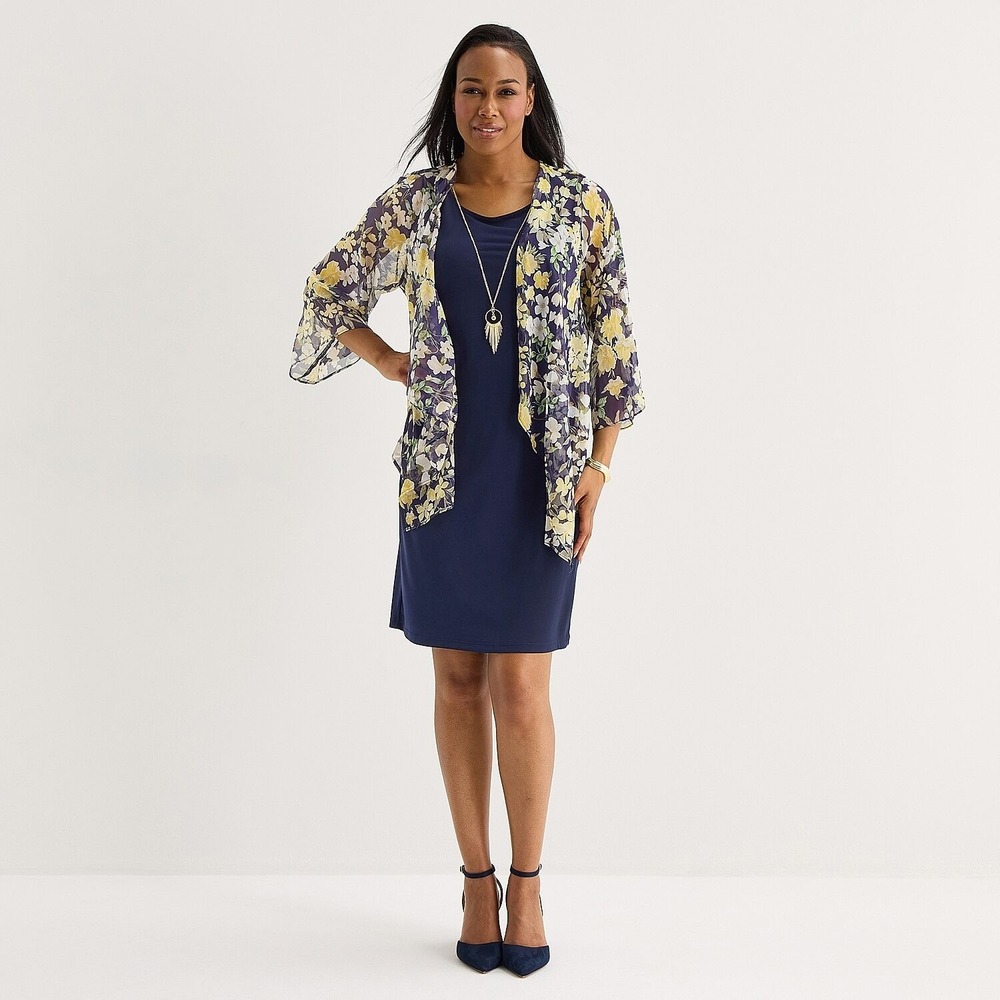 MSRP $84 Studio One Women's S Navy Yellow Floral Jacket Dress With Removable